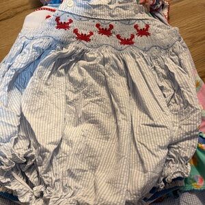 Baby Girls Blue Seersucker Crab Smocked Romper